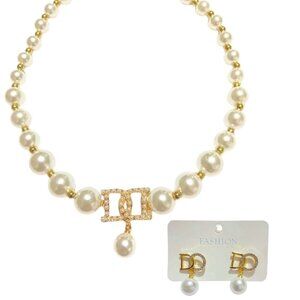 Faux Pearl “D” Design Necklace and Earring Bundle